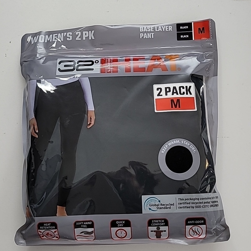 NEW 32 Degrees Womens 2 Base Layer Pants Black M Retention & Stretch